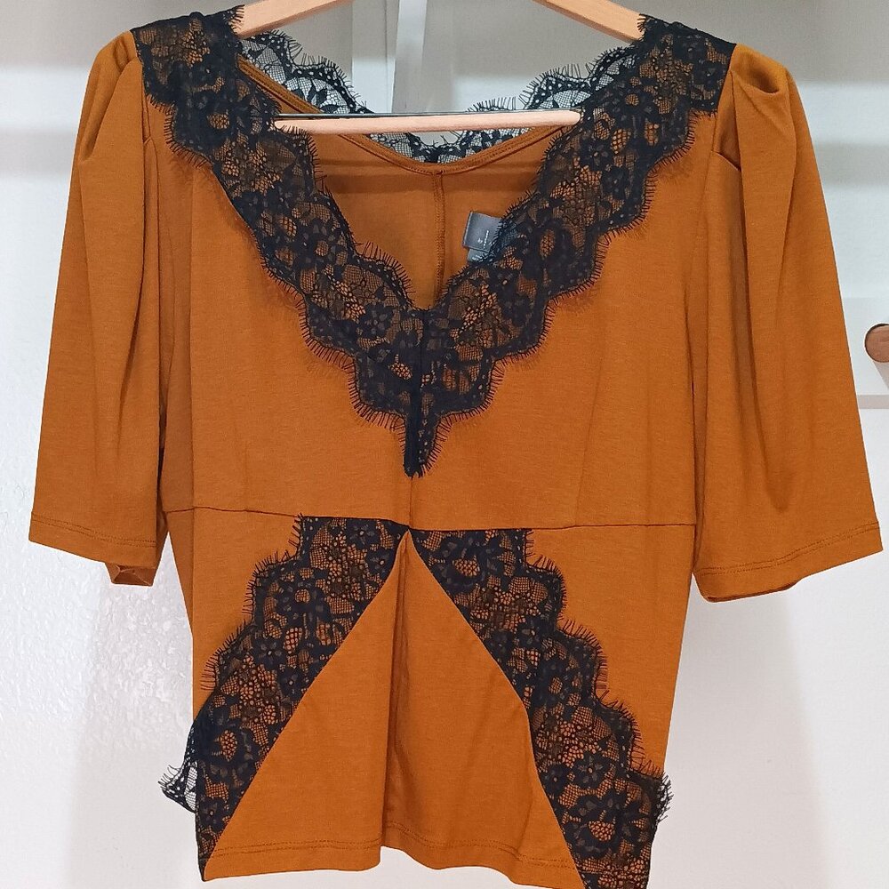 NWT Anthropologie Lace-Trimmed Gold Blouse, Size L